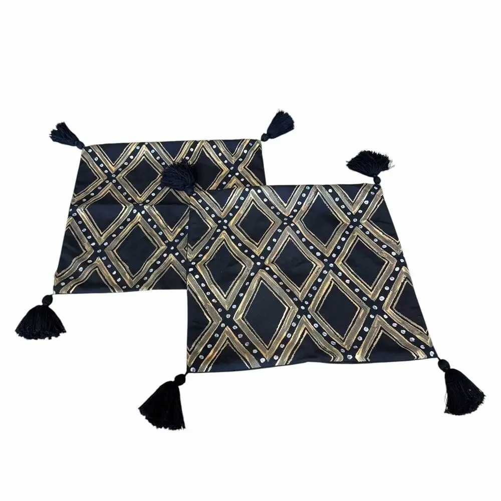 Frontgate Black Gold Geometric Pillow Covers Set 2 Tassel Diamond Regency Boho